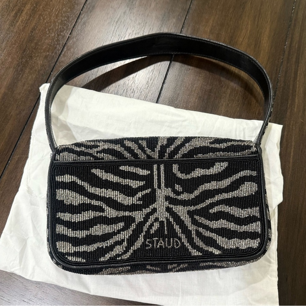 STAUD Tommy Beaded shoulder Bag Zebra Pattern